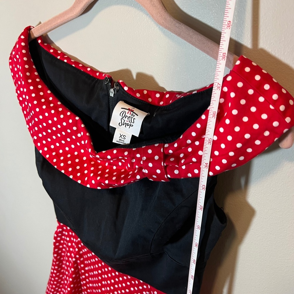 Disney Parks The Dress Shop Minnie Mouse Polka Dot Dress Red Black XS Retro Bow - Picture 8 of 13